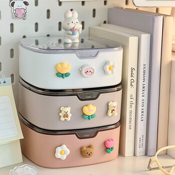 Kawaii Desk Organizers με αυτοκόλλητο καπάκι Χαριτωμένα πλαστικά κοσμήματα επιστολόχαρτα φόρτισης καλωδίου λουράκι μαλλιών Φορητό κουτί αποθήκευσης γραφείου