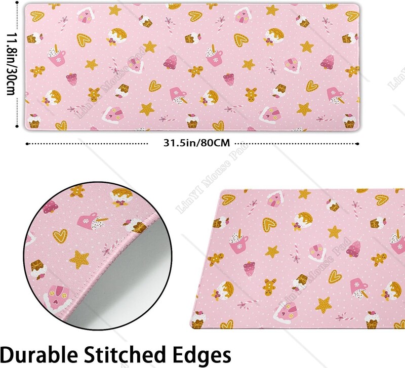 Tampă mouse-ul pentru jocuri de Crăciun roz, XL, drăguț, turtă dulce, covoraș mare de birou, bază de cauciuc, anti-alunecare, mousepad de vacanță de Crăciun pentru laptop