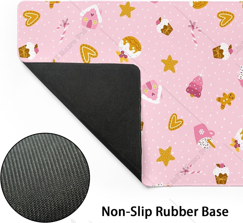 Tampă mouse-ul pentru jocuri de Crăciun roz, XL, drăguț, turtă dulce, covoraș mare de birou, bază de cauciuc, anti-alunecare, mousepad de vacanță de Crăciun pentru laptop