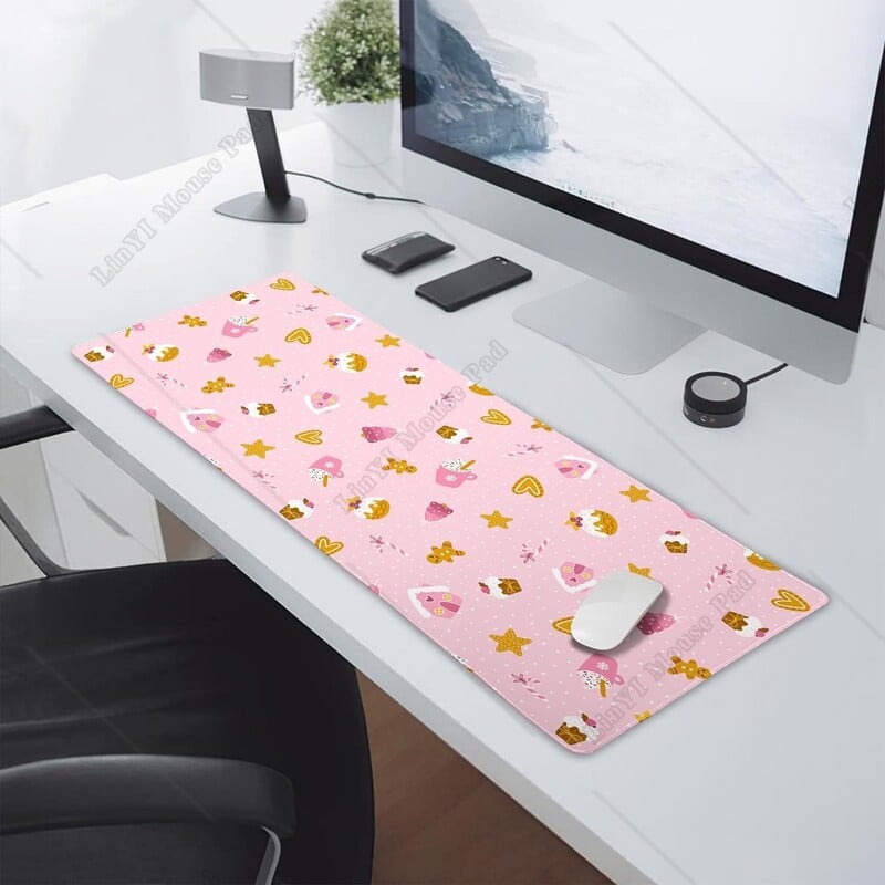 Tampă mouse-ul pentru jocuri de Crăciun roz, XL, drăguț, turtă dulce, covoraș mare de birou, bază de cauciuc, anti-alunecare, mousepad de vacanță de Crăciun pentru laptop