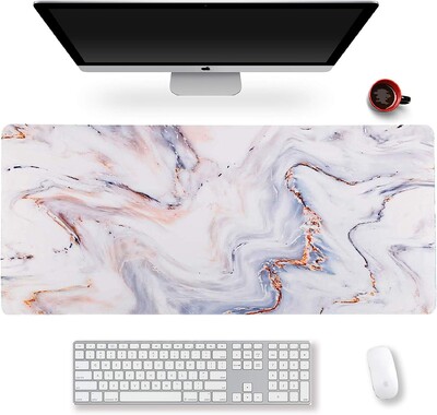 Удължена игрална подложка за мишка XXL ArtSo Large Desk Writing Pad Нехлъзгаща се гумена основа със зашити ръбове 35,1 x 15,7 мрамор от бяло злато