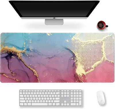 Extended Gaming Mouse Pad XXL ArtSo Large Desk Writing Pad Neklizajuća gumena podloga Prošiveni rubovi 35,1 x 15,7 Bijelo zlato Mramor