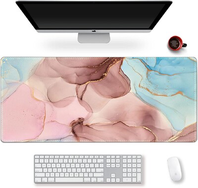 Extended Gaming Mouse Pad XXL ArtSo Large Desk Writing Pad Neklizajuća gumena podloga Prošiveni rubovi 35,1 x 15,7 Bijelo zlato Mramor