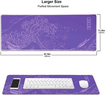 Great Wave XXL Gaming Mouse Pad Μωβ Μινιμαλιστικό Ιαπωνικό Επιτραπέζιο Ματ Χαριτωμένο Gamer Αισθητικό Mousepad Εκτεταμένη αντιολισθητική βάση από καουτσούκ