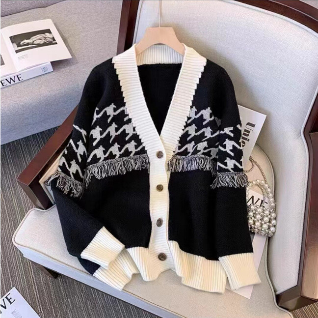 Korejska verzija džempera s resama u kontrastnoj boji, jesen i zima 2023., novi stil, opušteni lijeni stil, svestrani pleteni kardigan