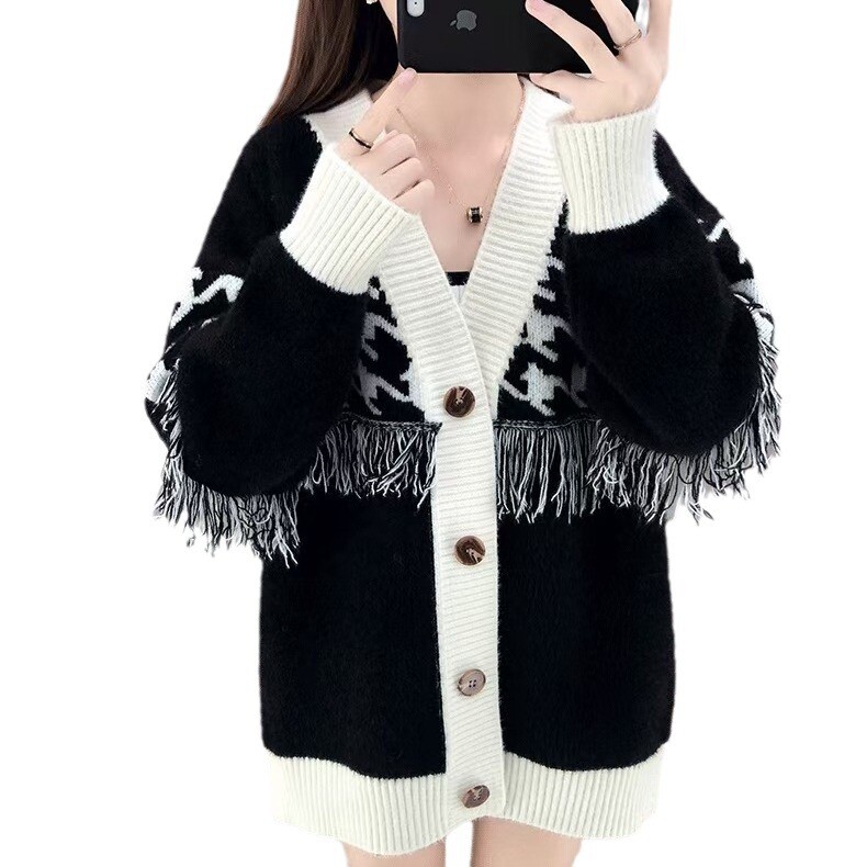 Korejska verzija džempera s resama u kontrastnoj boji, jesen i zima 2023., novi stil, opušteni lijeni stil, svestrani pleteni kardigan