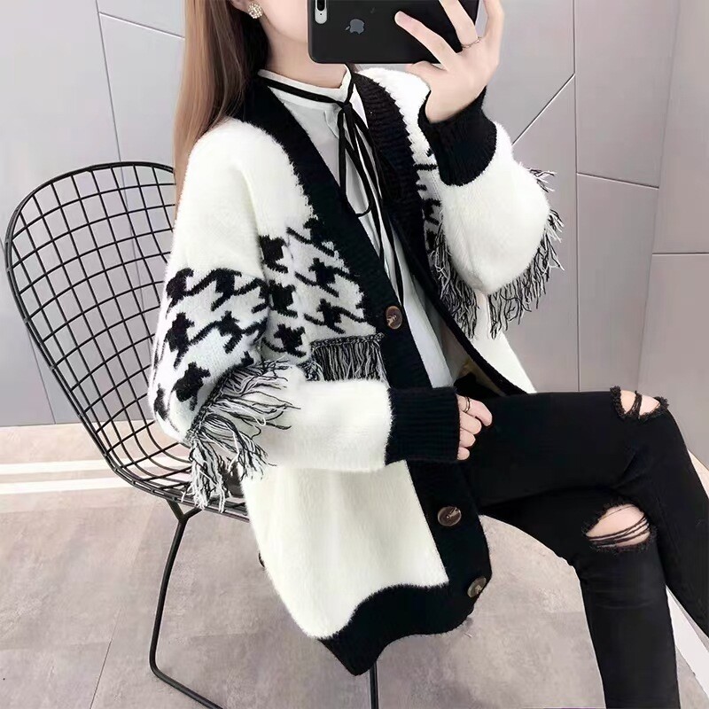 Korejska verzija džempera s resama u kontrastnoj boji, jesen i zima 2023., novi stil, opušteni lijeni stil, svestrani pleteni kardigan