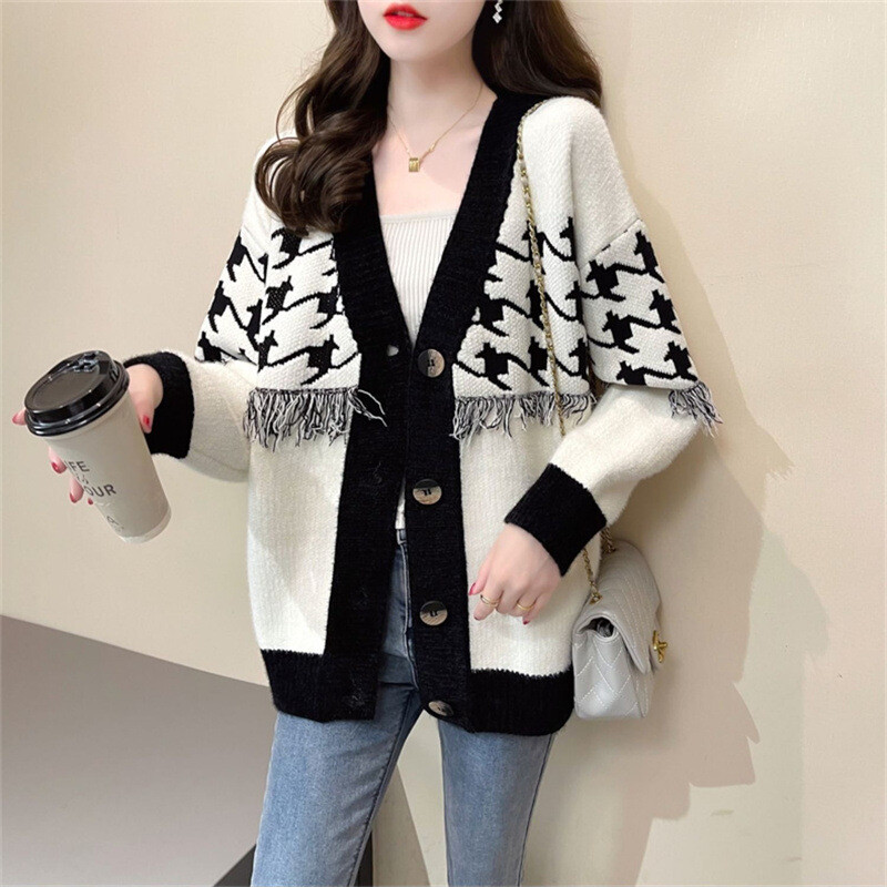 Korejska verzija džempera s resama u kontrastnoj boji, jesen i zima 2023., novi stil, opušteni lijeni stil, svestrani pleteni kardigan