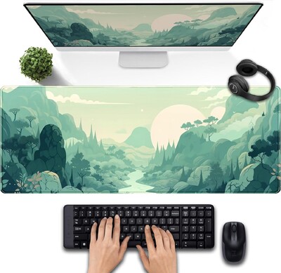 Cute Pastel Mint Green Forest Sage Anime Mouse Pad pentru jocuri XL pentru birou, pentru birou, cu margini cusute, 31,5 x 11,8 inci