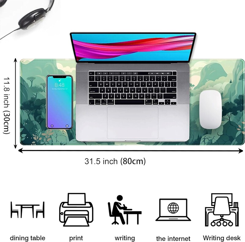 Cute Pastel Mint Green Forest Sage Anime Mouse Pad pentru jocuri XL pentru birou, pentru birou, cu margini cusute, 31,5 x 11,8 inci