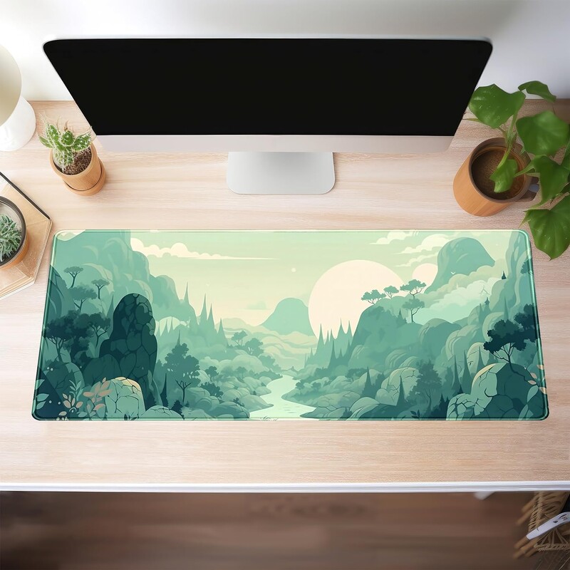 Cute Pastel Mint Green Forest Sage Anime Mouse Pad pentru jocuri XL pentru birou, pentru birou, cu margini cusute, 31,5 x 11,8 inci