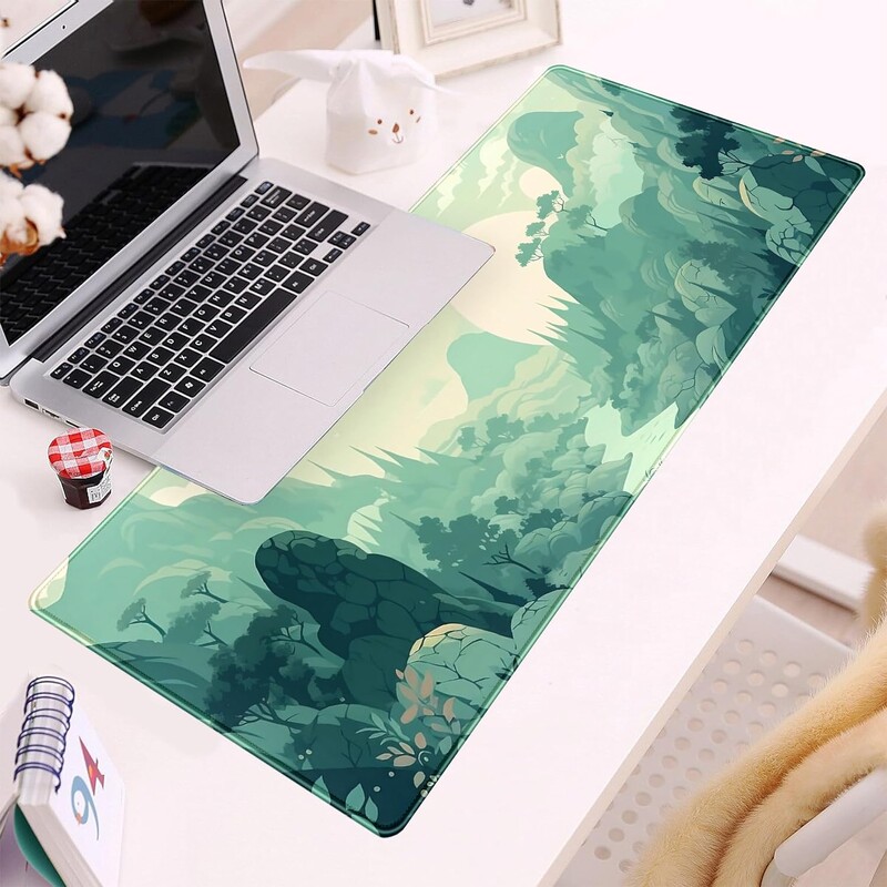 Cute Pastel Mint Green Forest Sage Anime Mouse Pad pentru jocuri XL pentru birou, pentru birou, cu margini cusute, 31,5 x 11,8 inci