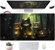 Подложка за бюро с аниме Forest Cats Cute Kawaii Green Mouse Pad XL Голяма игрална подложка за мишка със зашити ръбове за жени, момиче 31,5x11,8 инча