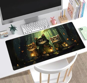 Anime Forest Cats Desk Pad Cute Kawaii Green Mouse Pad XL Large Gaming Mousepad με ραμμένες άκρες για γυναίκες κορίτσι 31,5x11,8 in