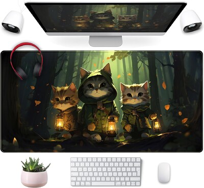 Подложка за бюро с аниме Forest Cats Cute Kawaii Green Mouse Pad XL Голяма игрална подложка за мишка със зашити ръбове за жени, момиче 31,5x11,8 инча