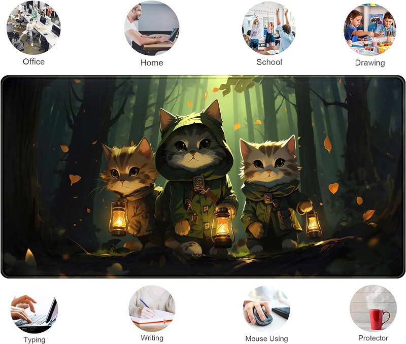 Подложка за бюро с аниме Forest Cats Cute Kawaii Green Mouse Pad XL Голяма игрална подложка за мишка със зашити ръбове за жени, момиче 31,5x11,8 инча