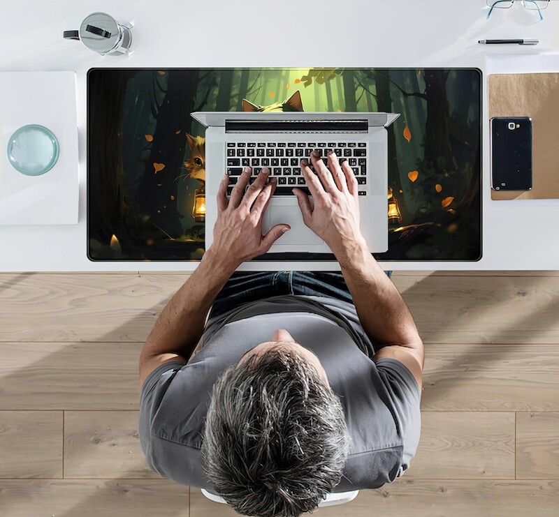 Подложка за бюро с аниме Forest Cats Cute Kawaii Green Mouse Pad XL Голяма игрална подложка за мишка със зашити ръбове за жени, момиче 31,5x11,8 инча