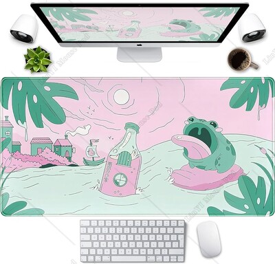 Rožinis žalias mielas stalo kilimėlis Kawaii animacinių filmų varlė pelės kilimėlis Mielas anime pelės kilimėlis 31,5x11,8 colio didelis žaidimų stalo kilimėlis, tinkantis dovanai namams