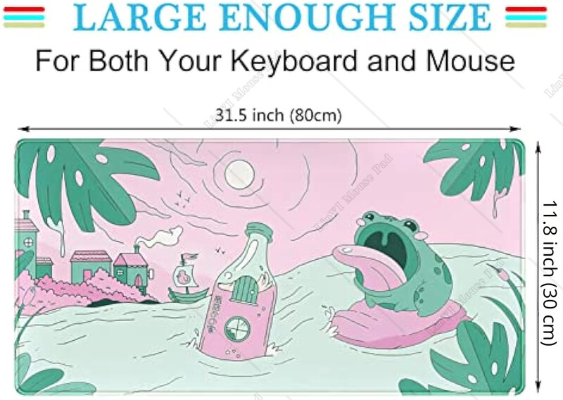 Розово-зелена сладка подложка за бюро Kawaii Cartoon Frog Mousepad Сладка аниме подложка за мишка 31,5x11,8 инча Голяма игрална подложка за бюро, подходяща за домашен подарък