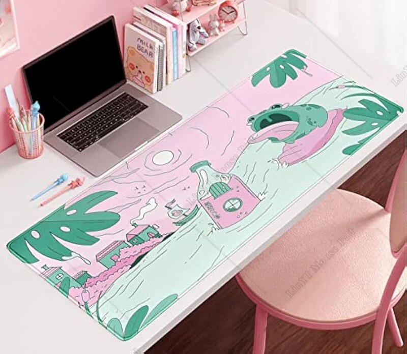 Розово-зелена сладка подложка за бюро Kawaii Cartoon Frog Mousepad Сладка аниме подложка за мишка 31,5x11,8 инча Голяма игрална подложка за бюро, подходяща за домашен подарък