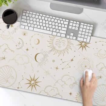 Boho Sun Moon Large Mouse Pad Mystical Galaxy Stars Clouds Μεγάλο στρώμα γραφείου Μεγάλο λευκό μαξιλαράκι γραφείου Αντιολισθητική βάση από καουτσούκ Ραμμένη άκρη