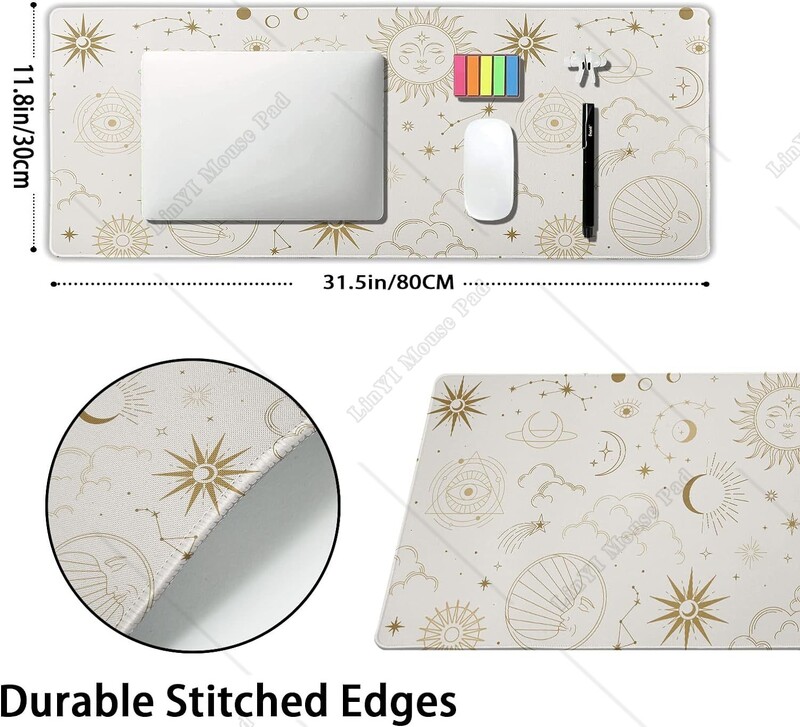 Boho Sun Moon Tampă de mouse mare Galaxie mistică Stele Nori Covoraș mare de birou Tampă de birou mare, albă, bază de cauciuc anti-alunecare Margine cusută
