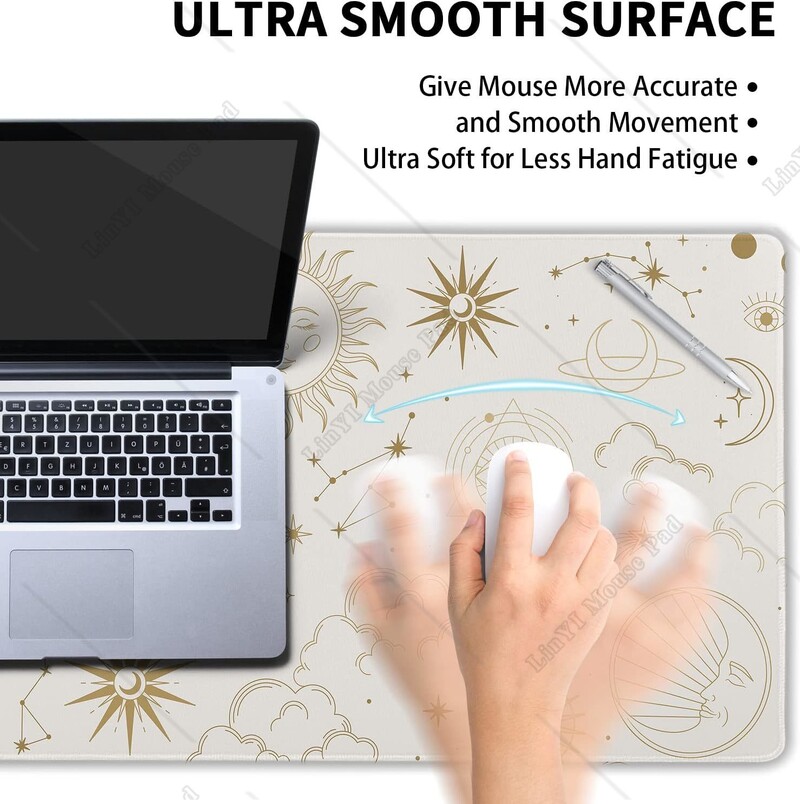 Boho Sun Moon Tampă de mouse mare Galaxie mistică Stele Nori Covoraș mare de birou Tampă de birou mare, albă, bază de cauciuc anti-alunecare Margine cusută