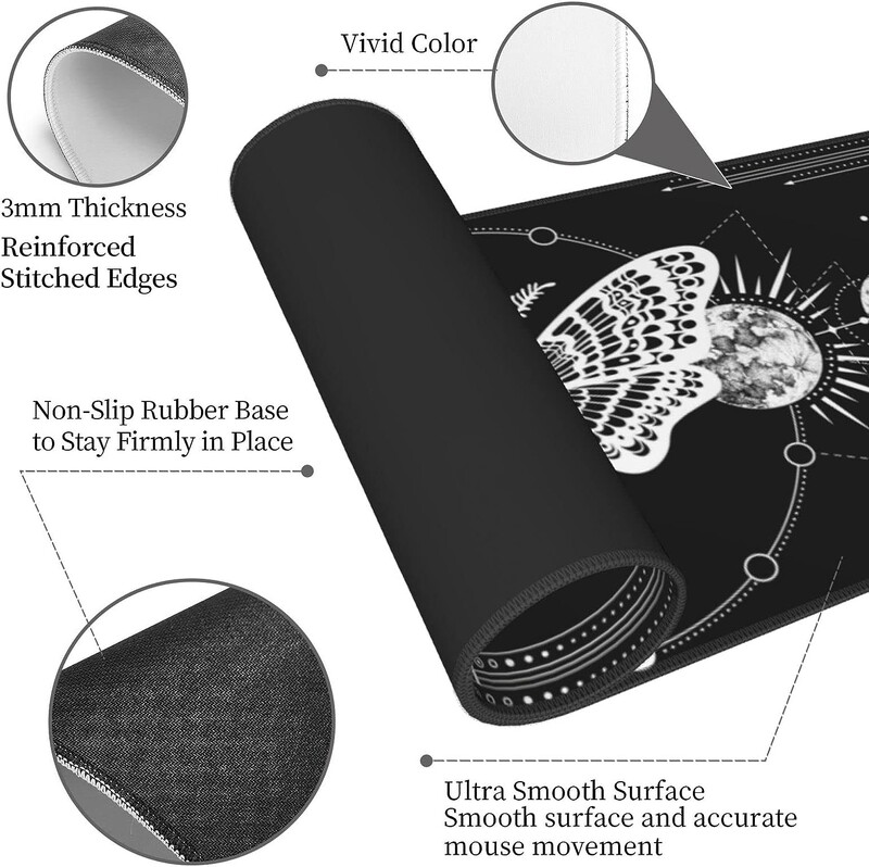 Gaming Mouse Mat Moon Phase Moth Velika podloga za miša s neklizajućim gumenim prošivenim rubovima za kućne darove Uredski rad 800x300 mm