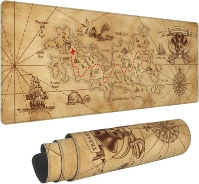 Pirate Ship Treasure Map Gaming Mouse Pad Tampă lungă de mouse Tampă de birou Tampoane mari antiderapante din cauciuc Margini cusute 31,5'' X 11,8''