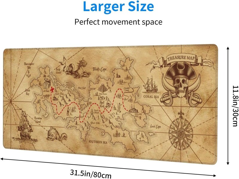 Pirate Ship Treasure Map Gaming Mouse Pad Tampă lungă de mouse Tampă de birou Tampoane mari antiderapante din cauciuc Margini cusute 31,5'' X 11,8''