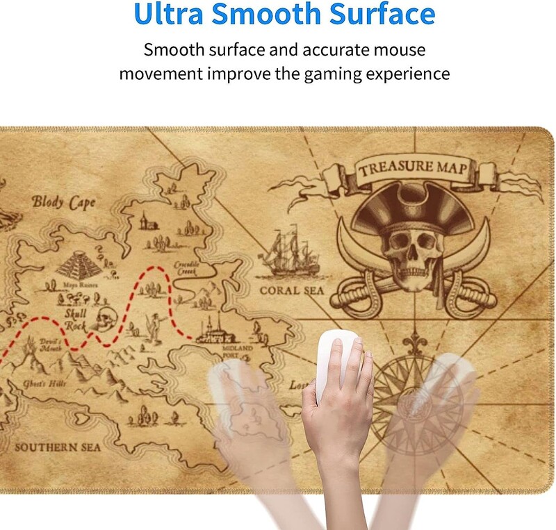 Pirate Ship Treasure Map Gaming Mouse Pad Tampă lungă de mouse Tampă de birou Tampoane mari antiderapante din cauciuc Margini cusute 31,5'' X 11,8''