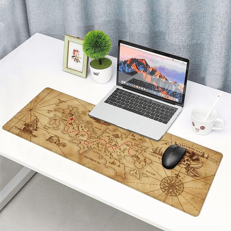 Pirate Ship Treasure Map Gaming Mouse Pad Tampă lungă de mouse Tampă de birou Tampoane mari antiderapante din cauciuc Margini cusute 31,5'' X 11,8''
