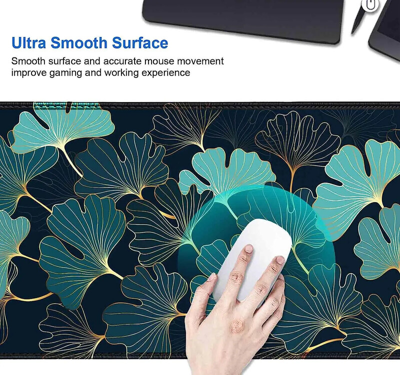 Gaming Mouse Pad mare Birou 35,4 x 15,7 Dimensiuni mari Golden Lines Ginkgo Plants Art Mouse Pads Mousepad lung anti-alunecare din cauciuc
