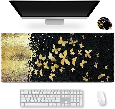 Tampă de mouse extinsă pentru gaming XXL ArtSo Covoraș mare pentru tastatură Tampă lungă de mouse pentru birou Bază anti-alunecare din cauciuc 35,1 x 15,7 Fluture violet