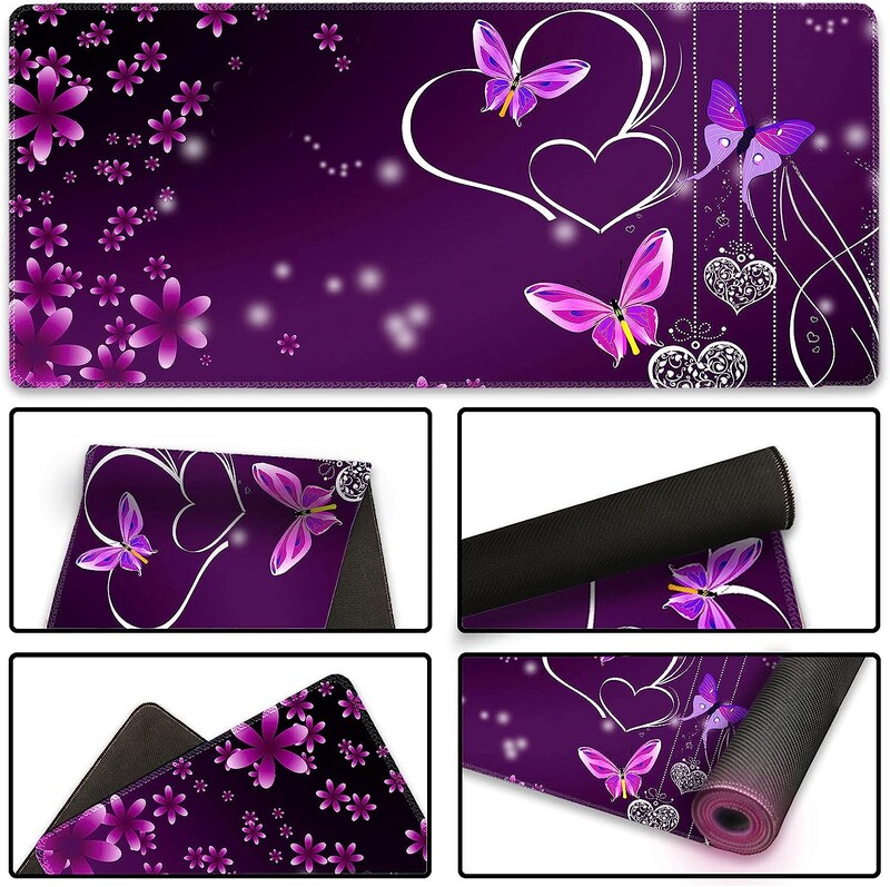 Tampă de mouse extinsă pentru gaming XXL ArtSo Covoraș mare pentru tastatură Tampă lungă de mouse pentru birou Bază anti-alunecare din cauciuc 35,1 x 15,7 Fluture violet