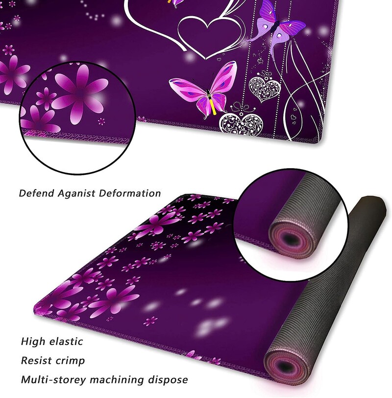 Tampă de mouse extinsă pentru gaming XXL ArtSo Covoraș mare pentru tastatură Tampă lungă de mouse pentru birou Bază anti-alunecare din cauciuc 35,1 x 15,7 Fluture violet