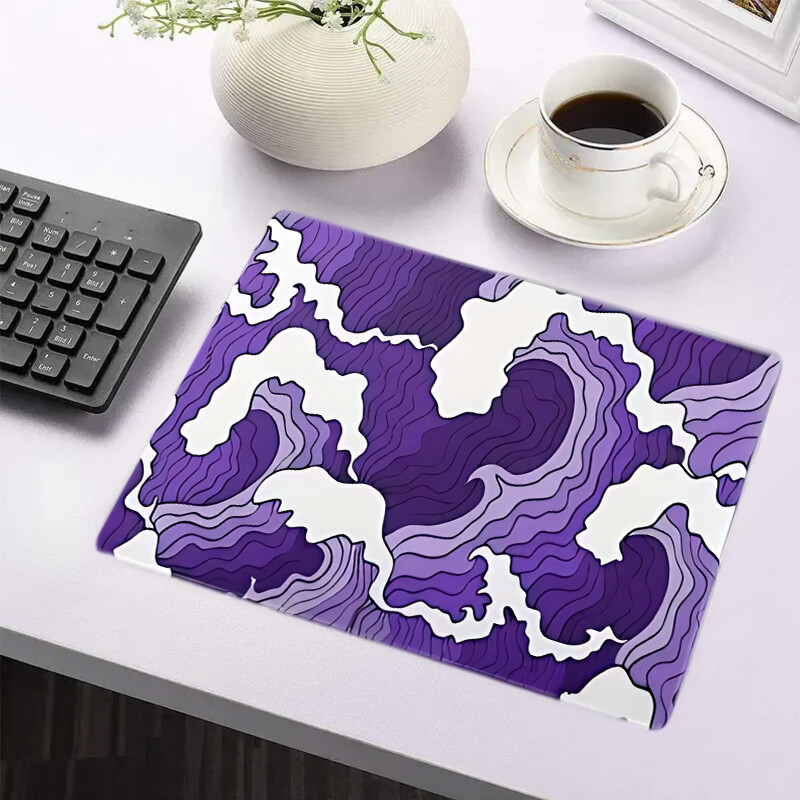 Геймърска подложка за мишка с щампа в лилав и бял океан, 2 мм нехлъзгаща се гумена зашита странична дълга клавиатура Геймърска подложка Офис мат голямо бюро, 11.
