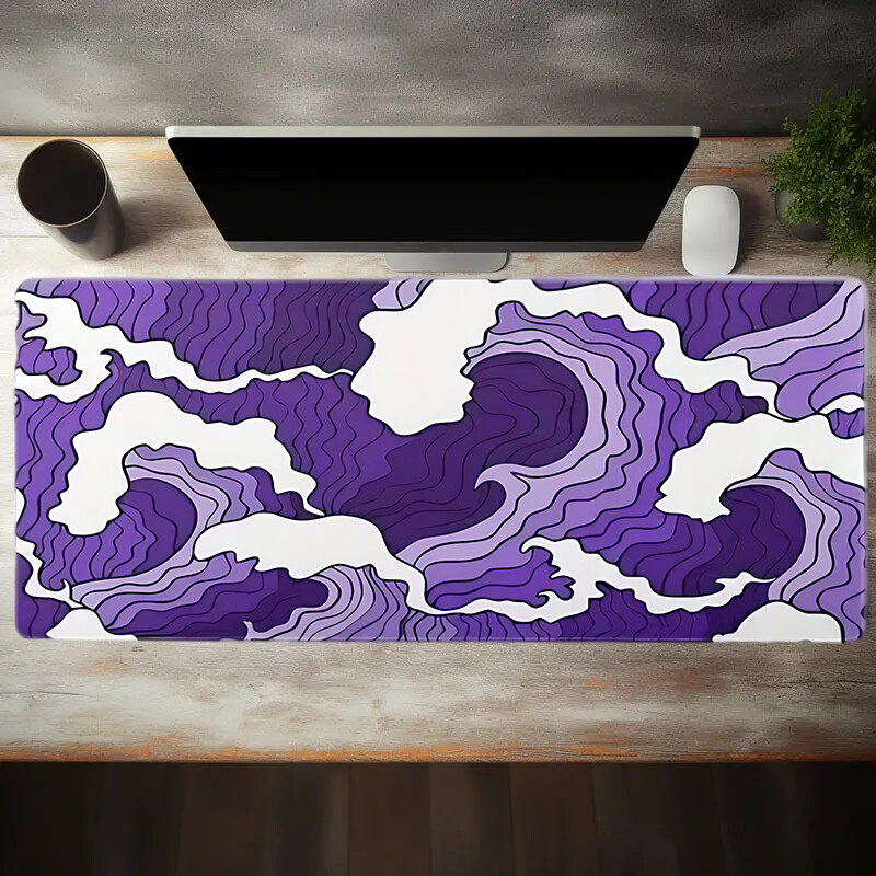 Геймърска подложка за мишка с щампа в лилав и бял океан, 2 мм нехлъзгаща се гумена зашита странична дълга клавиатура Геймърска подложка Офис мат голямо бюро, 11.