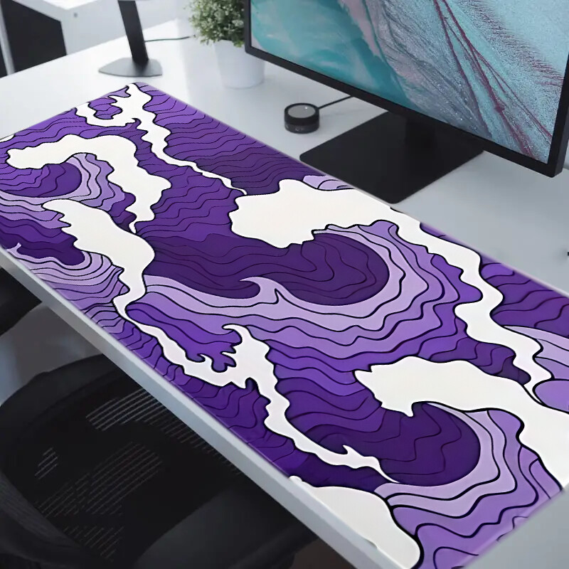 Геймърска подложка за мишка с щампа в лилав и бял океан, 2 мм нехлъзгаща се гумена зашита странична дълга клавиатура Геймърска подложка Офис мат голямо бюро, 11.