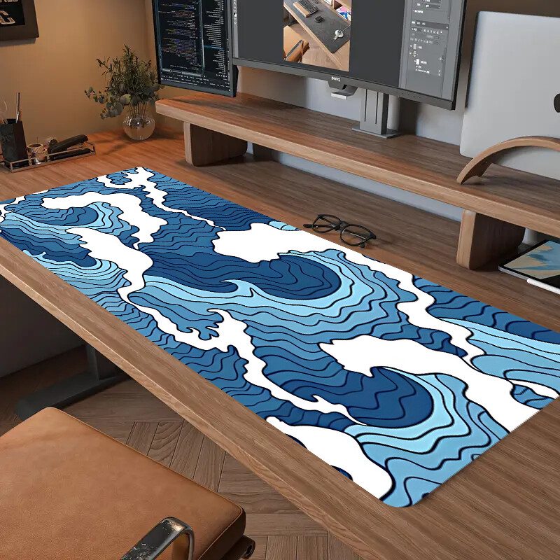 Sinise ja valge ookeani prindiga e-spordi mänguhiirepadi, 2 mm libisemiskindlast kummist õmmeldud küljega pikk klaviatuuri mängupadi, 31,49 x 11,81 tolli