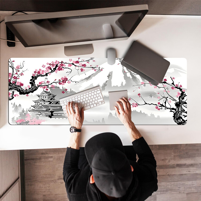 Snow Mountain Plum Blossom Pattern Mouse Pad extins Margini cusute anti-alunecare potrivite pentru jocuri, desktop, uz abstract Poliest