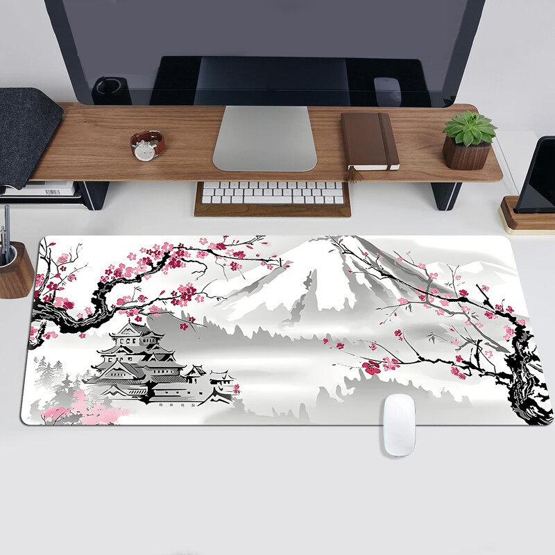 Snow Mountain Plum Blossom Pattern Mouse Pad extins Margini cusute anti-alunecare potrivite pentru jocuri, desktop, uz abstract Poliest