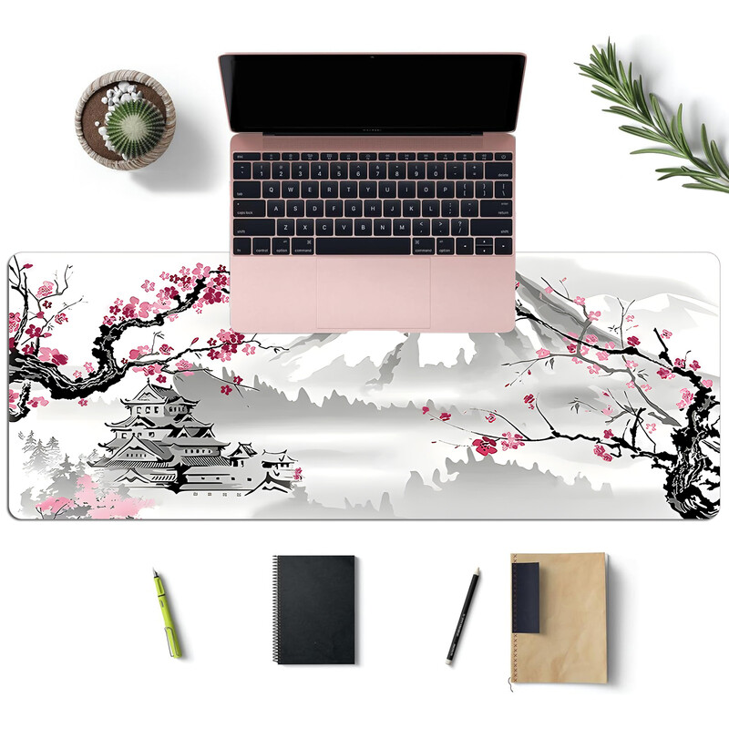 Snow Mountain Plum Blossom Pattern Mouse Pad extins Margini cusute anti-alunecare potrivite pentru jocuri, desktop, uz abstract Poliest