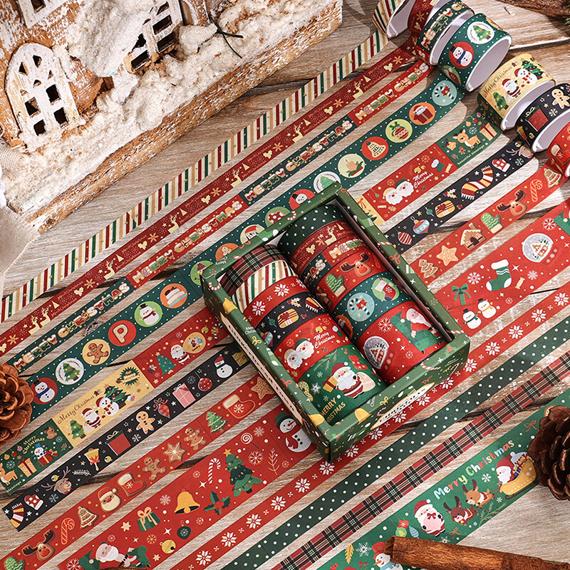6/12 ролки Коледни ленти за уаши Комплект коледни декоративни скрапбукинг ленти за Дядо Коледа Декоративни маскиращи самозалепващи ленти
