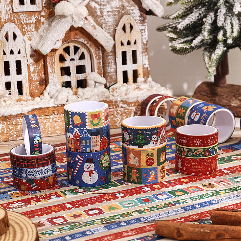 6/12 ролки Коледни ленти за уаши Комплект коледни декоративни скрапбукинг ленти за Дядо Коледа Декоративни маскиращи самозалепващи ленти