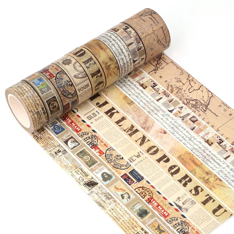 UUS 1 TK 10M Dekoratiivne vanaaegne Kraft Script Ajalehed Markid Kaart Mask Mask Washi Teip Kleebised Armsad Ajakirjatarbed