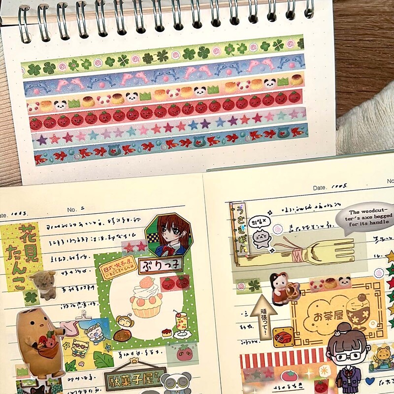 Kawaii keturių lapų dobilų plovimo juosta Miela pomidorų deko Washi juosta su smėliu padengta blizgančia plėvele maskavimo juosta su atpalaiduojančiu popieriumi