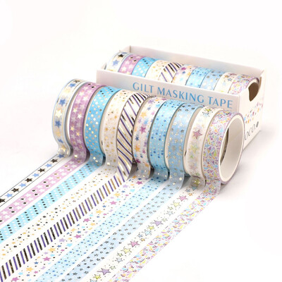 10 ролки Stars Washi Tape Декоративна самозалепваща лента Училищни дневници Консумативи Златно фолио Скрапбукинг Kawaii Канцеларски материали Маскираща лента