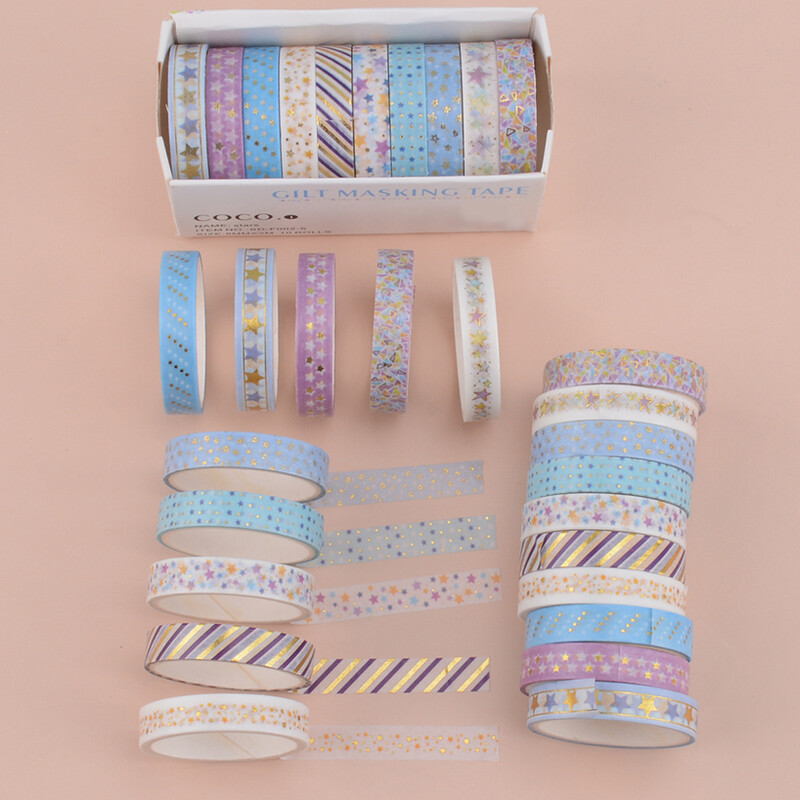 10Rolls Stars Washi Tape Διακοσμητική κολλητική ταινία Σχολικό περιοδικό Προμήθειες Χρυσό φύλλο Scrapbooking Ταινία κάλυψης χαρτικών Kawaii