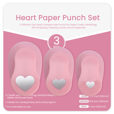 3tk Heart Punch Set, 3/8 tolli, 5/8 tolli, 1 tolli Heart Hole Punch komplekt scrapbooking, kaartide valmistamiseks, isetegemise fotoalbumid, kinkesildid